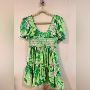 FARM RIO Green Tropical Print Puff Sleeve Smocked Mini Dress, XL